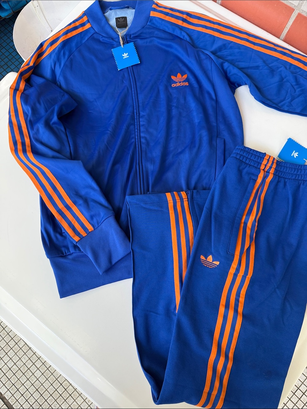 ADIDAS Cobalt Blue Track Jacket (M) and Pants (XS) with Orange Stripes NWT 2005